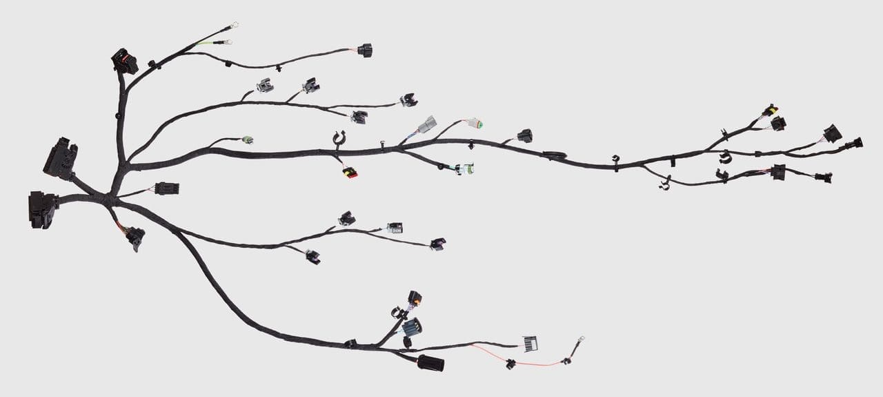 Complex display of cables forming a wiring harness