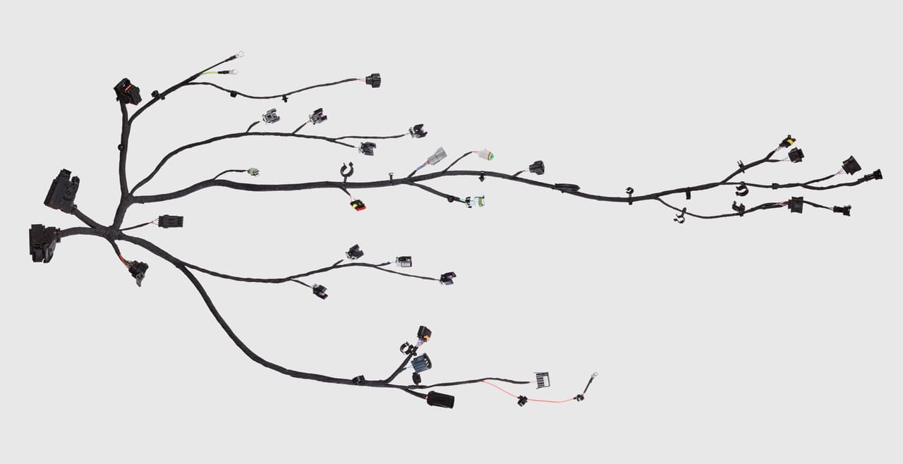 Complex display of cables forming a wiring harness