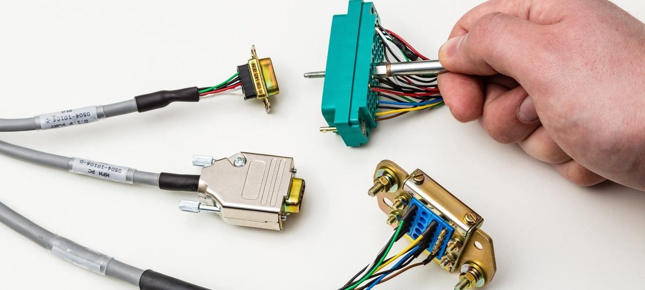 This image shows a variety of electronic connectors and cables against a white background. On the left, there's a grey cable with a D-sub connector, often used for computer and networking connections, attached to a yellow adaptor, which is connected to a multi-wire ribbon. The ribbon cable fans out to individual wires, each terminating in a crimped connector. Another grey cable with a metallic D-sub connector is shown with the cover removed, revealing the soldered connections inside. At the top right, a hand is holding a green electronic component, which appears to be a type of interface card or adaptor, with multiple wires connected to it. The wires from this card also end in crimped connectors, possibly for easy attachment to other devices or terminals. The overall setup suggests a testing or prototyping environment where different connections are being explored or tested.